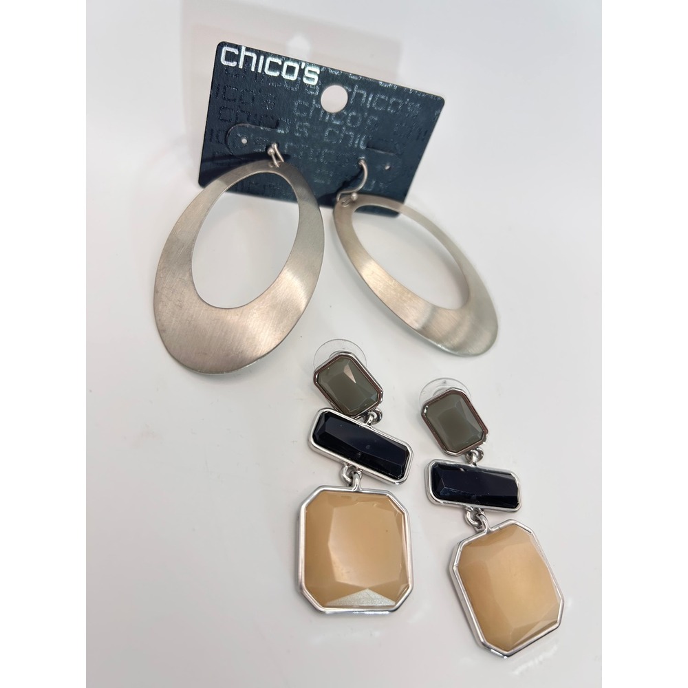 Chicos Earrings Set Womens OS Silver Tan Good Hoop Geometric Drop Lot